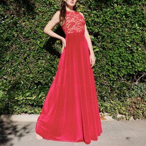 Red Evening Gown Handmade Size S Stretch Lace Velvet Open Back